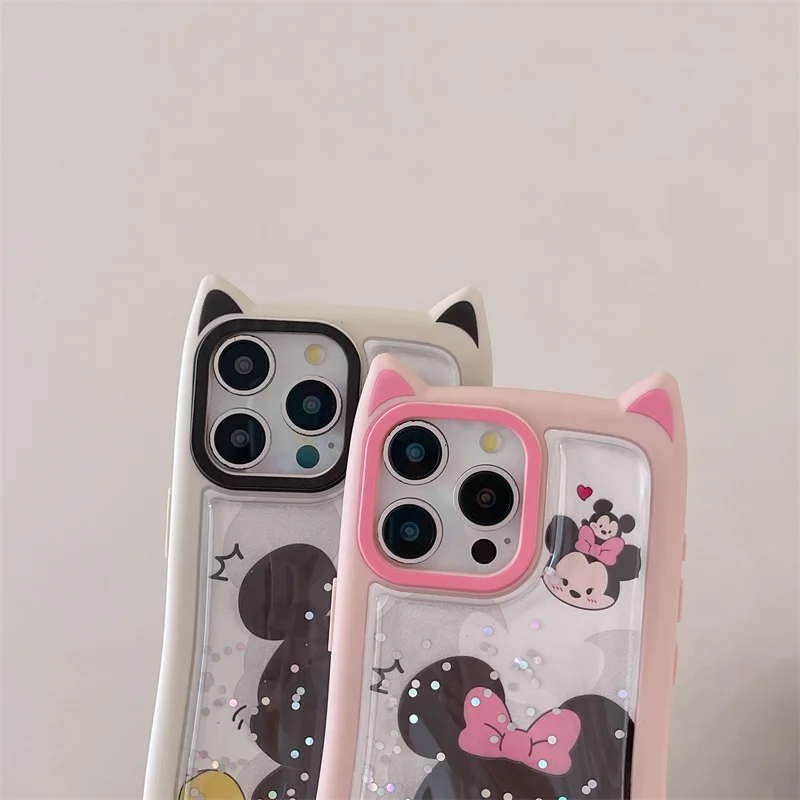 Zabawne etui na telefon Mickey Minnie Quicksand Bling Glitter do iPhone'a 15 14 13 12 Pro Max Disney Back Shadow Cat Ears Cover