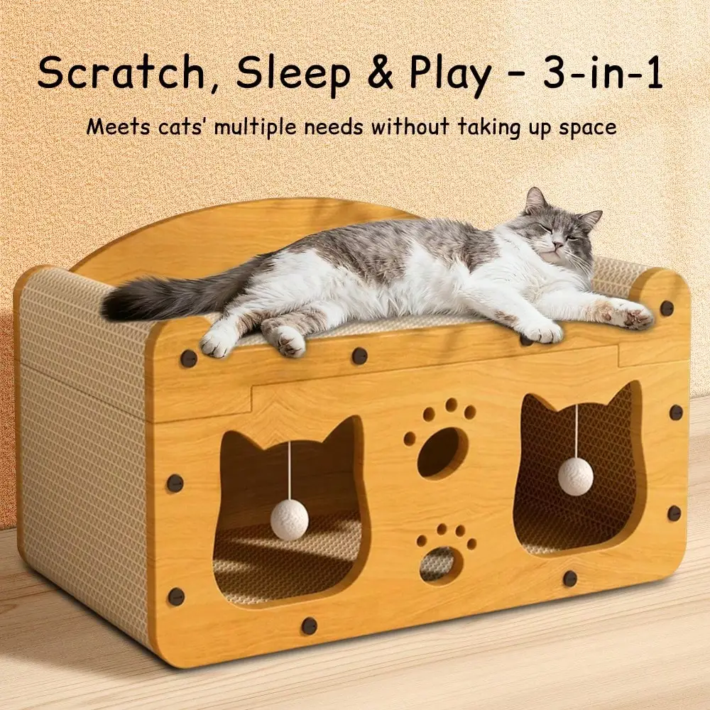 Luxury Double-Level Cat Scratching Board - Durable Corrugated Cardboard Cat House With Indoor Bed And Paw Care Station - Easy Assembly, Pet Toys, Hiding House. - view 3