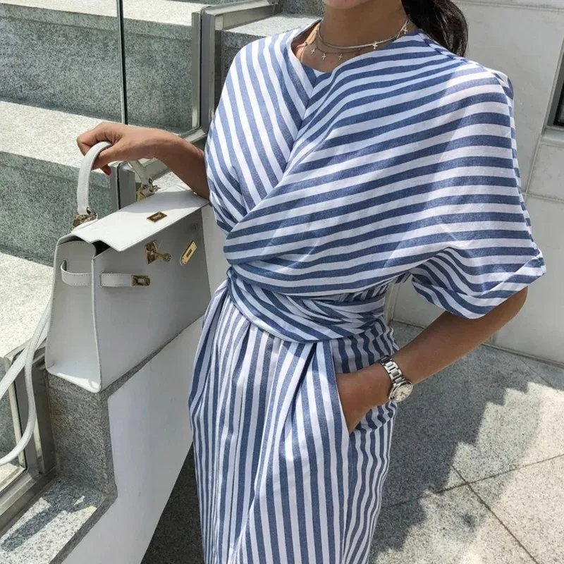 2023 Sprig and Summer New Fashion Striped Cross Bandage Dress Cotton Blue Split Bodycon Plus Size New Robe Vestidos Femme Dress