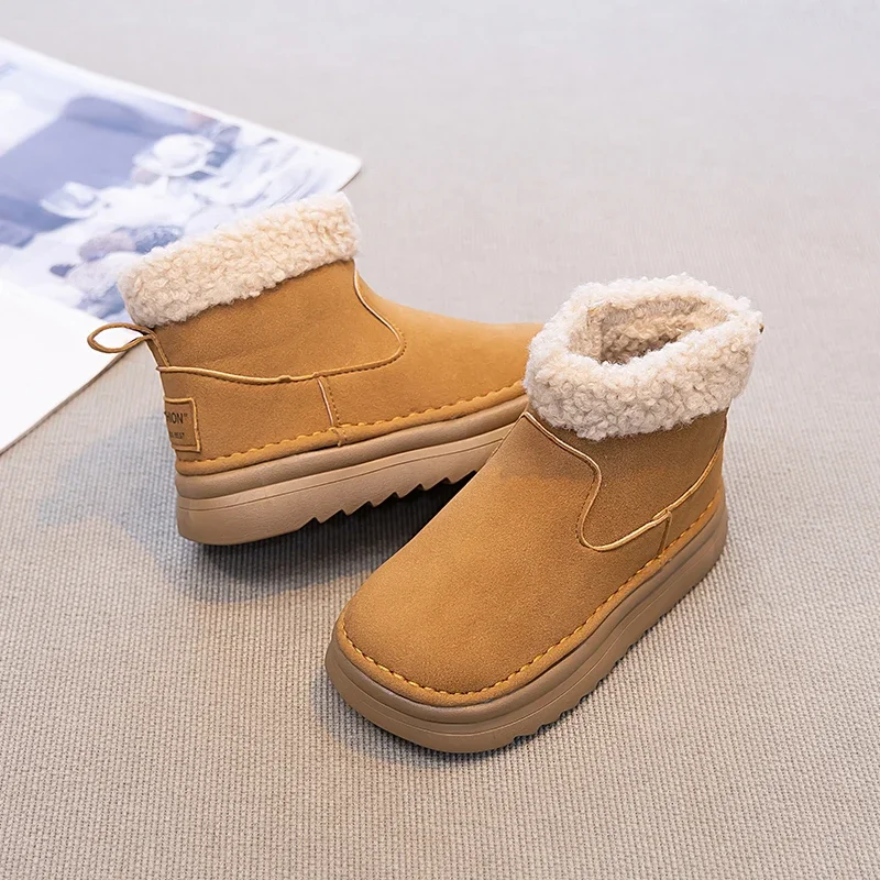 Kids Faux‑Suede Winter Ankle Boots, Sherpa Cuff Inner Zipper Pull‑Tab Plush‑Lined Thick‑Sole Snow Boots