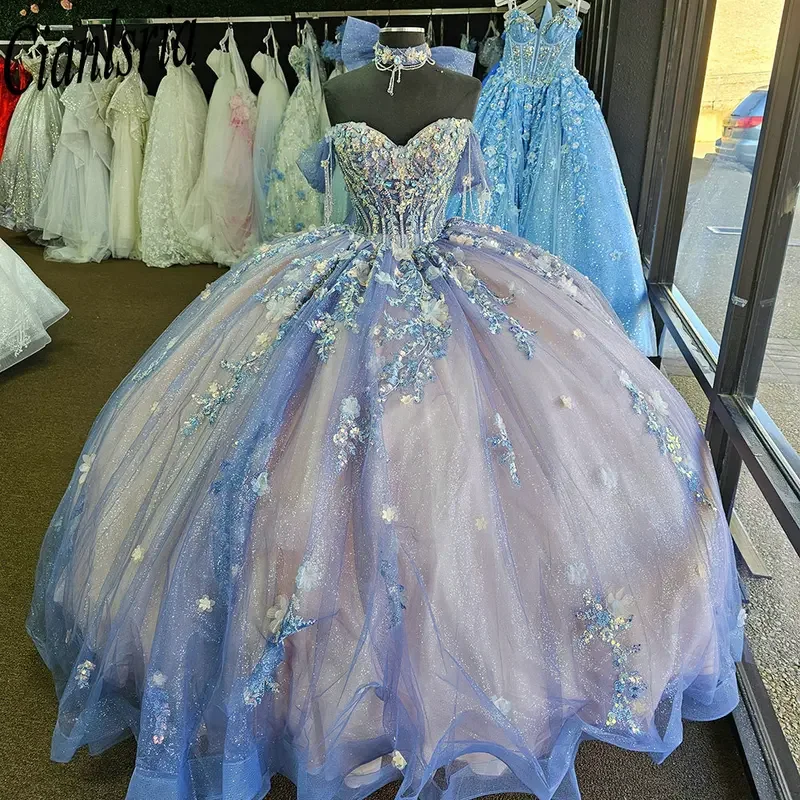 

Glitter Crystal Beading 3D Flowers Quinceanera Dresses Ball Gown Sequined Appliques Lace Sweet 15 Años Mexican Customized