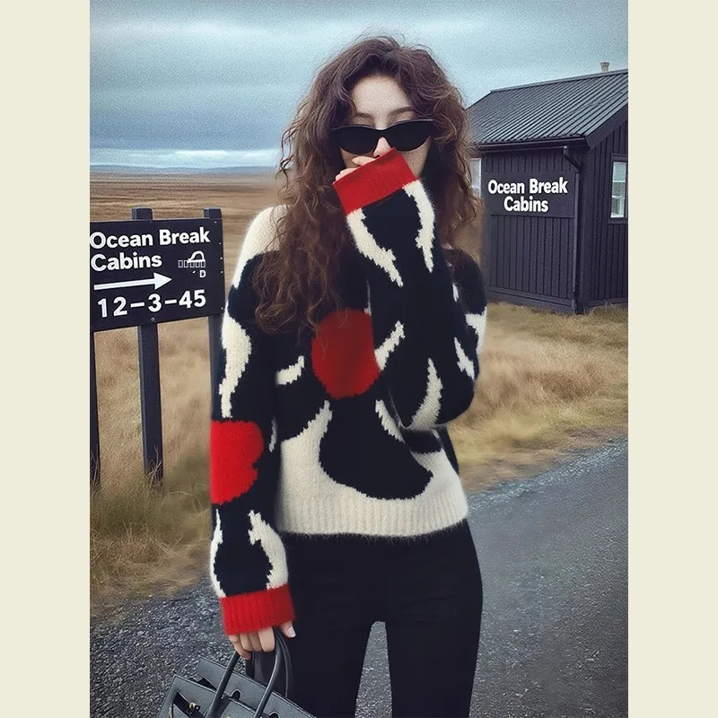 

Floral Print Knitwear Women's Autumn Winter New Sle Color Blo High End Feeling Loose Fit Long Sve round Ne Sweater