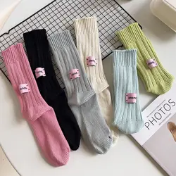 Korean Needle Thick Thread Knitted Middle Tube Socks Cotton Japanese Simple Pink Label Men Women Couples Sports Stacked Socks