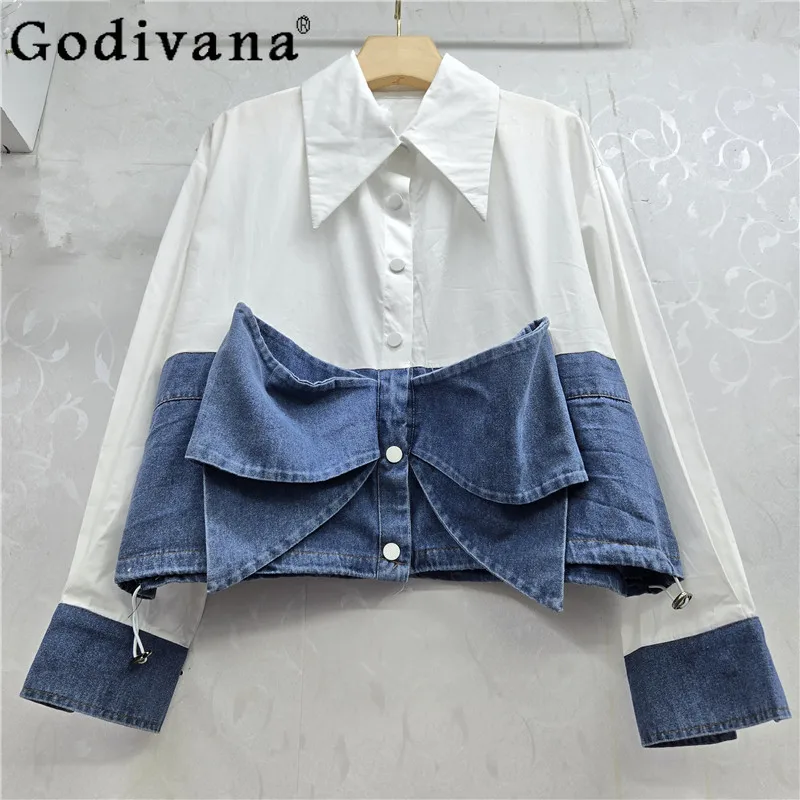 

Корейская модная трехмерная джинсовая рубашка с длинными рукавами и милым бантом, весенне-осенние свободные модные универсальные топы для девочек