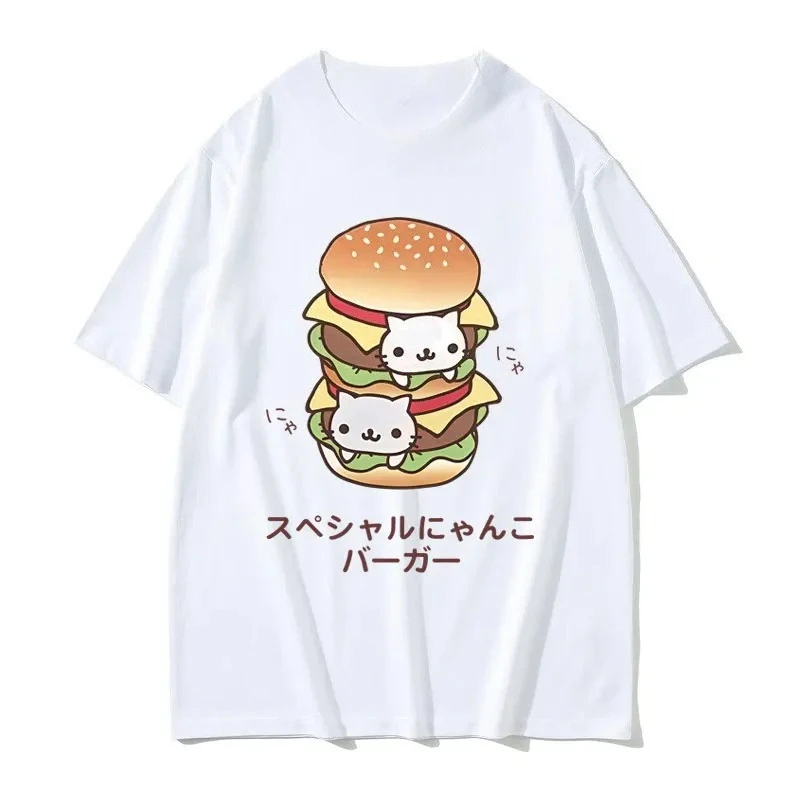 Nyan Nyan Nyanko Cat Double Hamburger Funny Meme T-shirt Men Women Summer Fashion Casual Crewneck Cheap Clothes Free Shipping