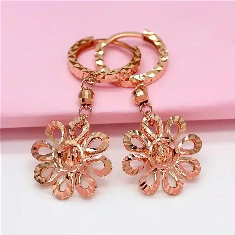 Plated 14K Rose golden Shiny Flower Earrings for Women Elegant Inspiration Hollow Craft Ethnic Jewelry Gift