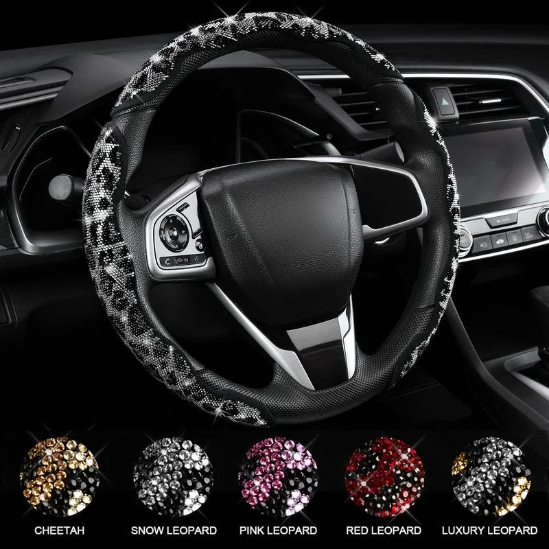 Leopard Bling Crystal Car Steering Wheel Cover Universal Sparkly Rhinestone Auto Steering Wheel Protector Fashion 38CM