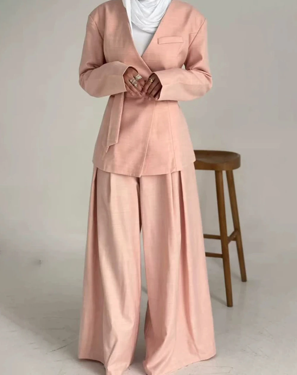

Fashion casual suit for women 2025 new V-neck long-sleeved tie suit jacket + high waist straight wide leg pants-GZXX902
