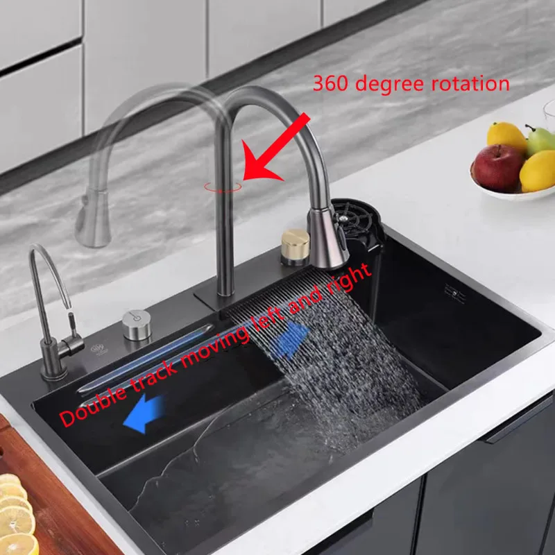 

Stainless Steel Waterfall Sink Kitchen Topmount Black Nano Wash Basin Single creative