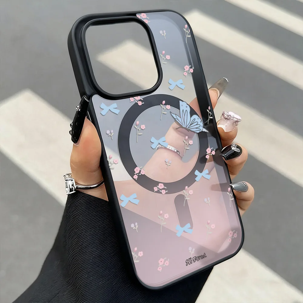 Funda magnética transparente Magsafe para iPhone 17 Pro Max 13 16 14 11 12 15 Pro Max flor mariposa cubierta de carga inalámbrica