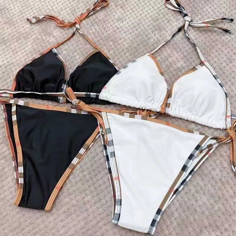 2024 Women\'s Sexy Solid Color Bikini Adjustable Lace-Up Swimsuit Summer Brazilian Beach Swimsuit Triangle Halterneck Bikini Set