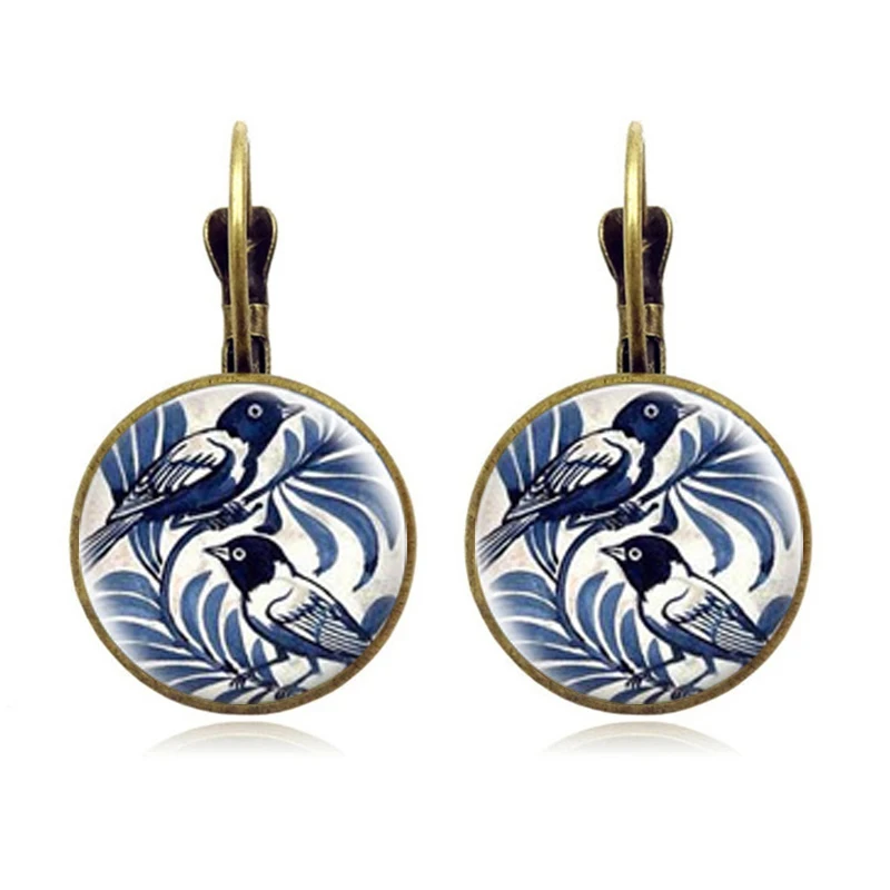 Vintage Blue Magpie Bird Earrings Retro Round Antique Bronze Glass Dome Earrings For Women