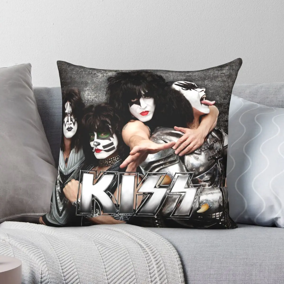 KISS Grey Look Up Close Square Pillowcase Polyester Linen Velvet Printed Zip Decorative Pillow Case Sofa Cushion Cover