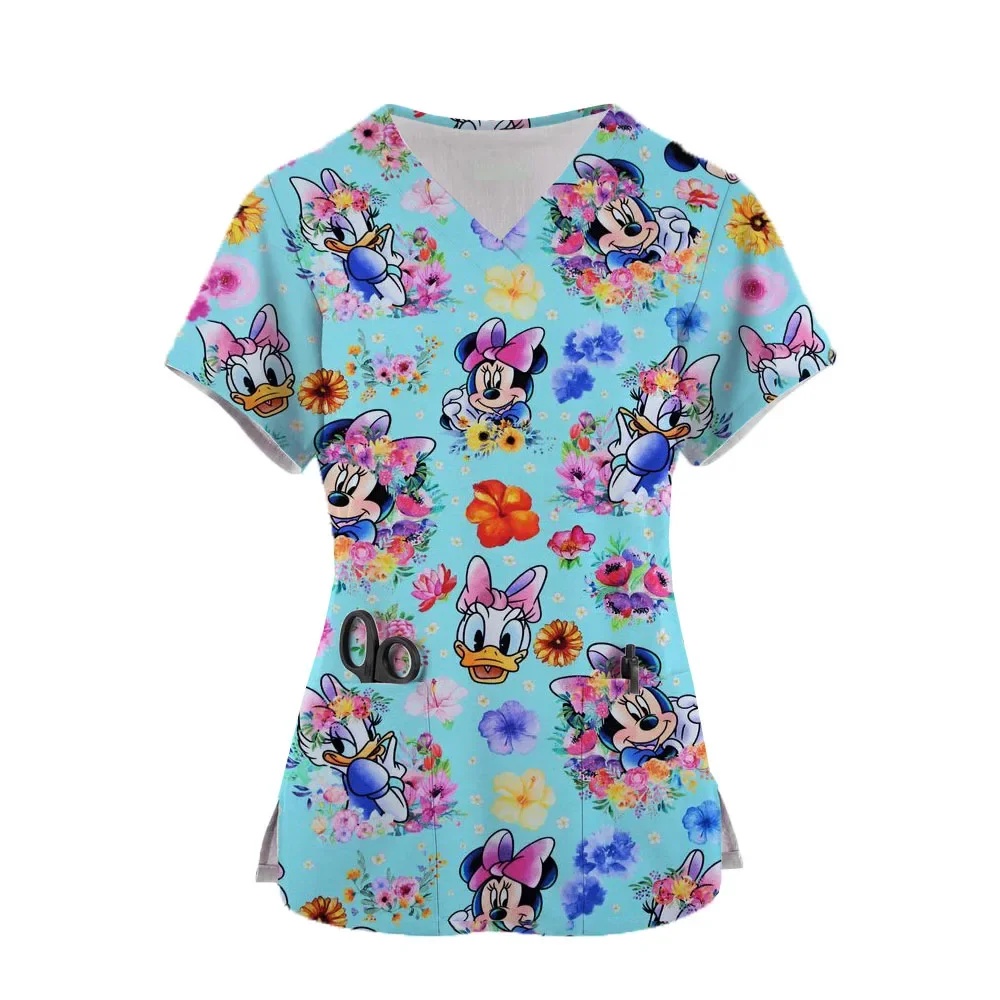 

Униформа медсестры с принтом Микки Мауса Диснея, женская медицинская униформа с v-образным вырезом и карманами, скрабы для кормления Минни, топы, рабочая одежда, униформа