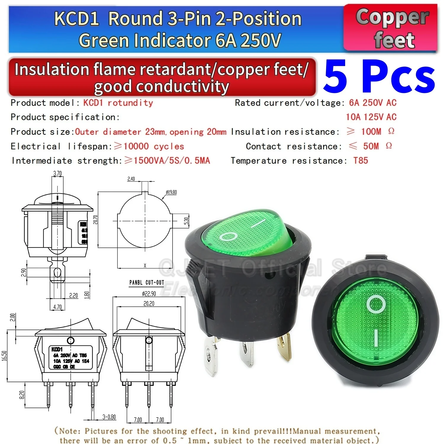 5 Stück KCD1 EIN-AUS-EIN 2/3/4-Pin 2/3-Positionen Einrastbarer 6A 220V Grüner Roter LED Runder Wippschalter für Haushalt DIY Ersatz – Detail 13