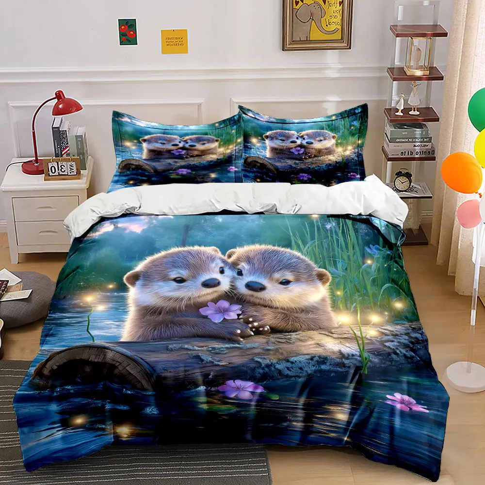 Adorable otters cuddling by serene river Print Bedding Set 1 Duvet Cover 2 Pillowcases for Adult and Children Luxury Gift