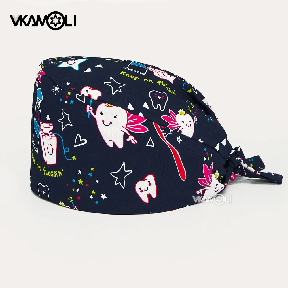 High Quality Breathable Health service working cap Cartoon tooth printing Children's Checkup Center Nursing Cap Scrubs Caps