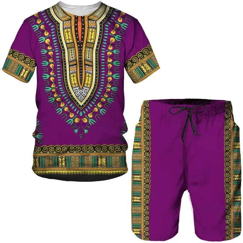 

Summer New Men's African Dashiki Culture Shorts Set 3D Tribal Printed Women's Short sleeve T-shirt Set Unisex Sports Casual Suit