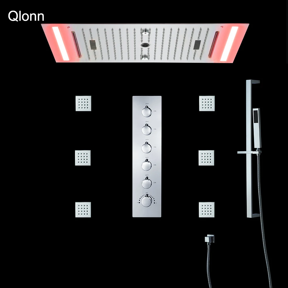 

Qlonn 638×338mm Music LED Shower Head Rainfall Bathroom Faucet 5 Functions Shower System Set Thermostat Diverter Concealed Mixer