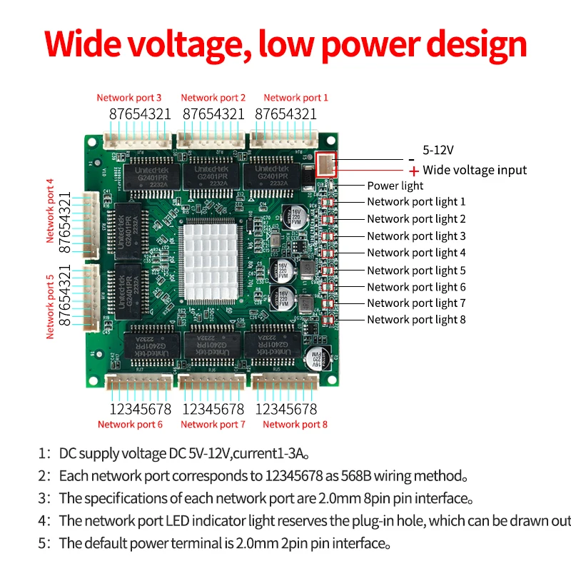 Industrial-grade eight-port full gigabit switch module pin on-board embedded micro-network transparent transmission motherboard