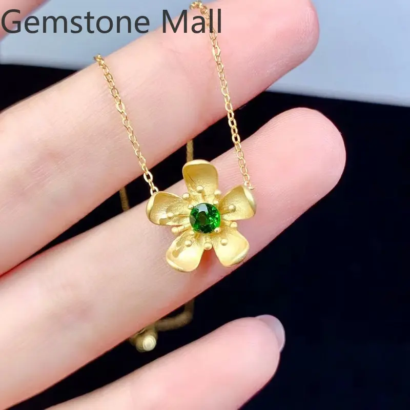 925 Silver Peach Blossom Necklace Pendant 4mm 0.3ct VVS Grade Natural Diopside Necklace with 3 Layers 18K Gold Plating