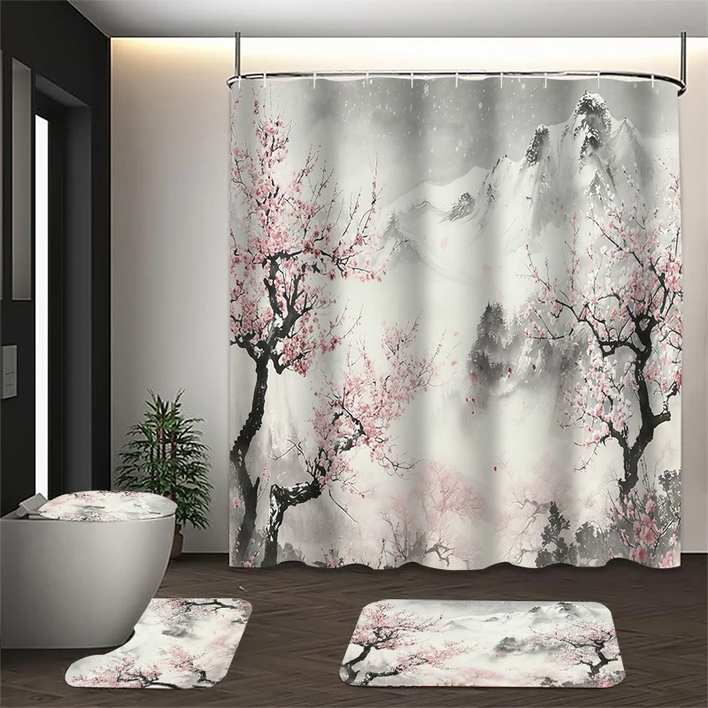 4-piece Mountain painting shower curtain set, toilet seat decoration, shower curtain with carpet and toilet lid, 12 70.8x70.8 in