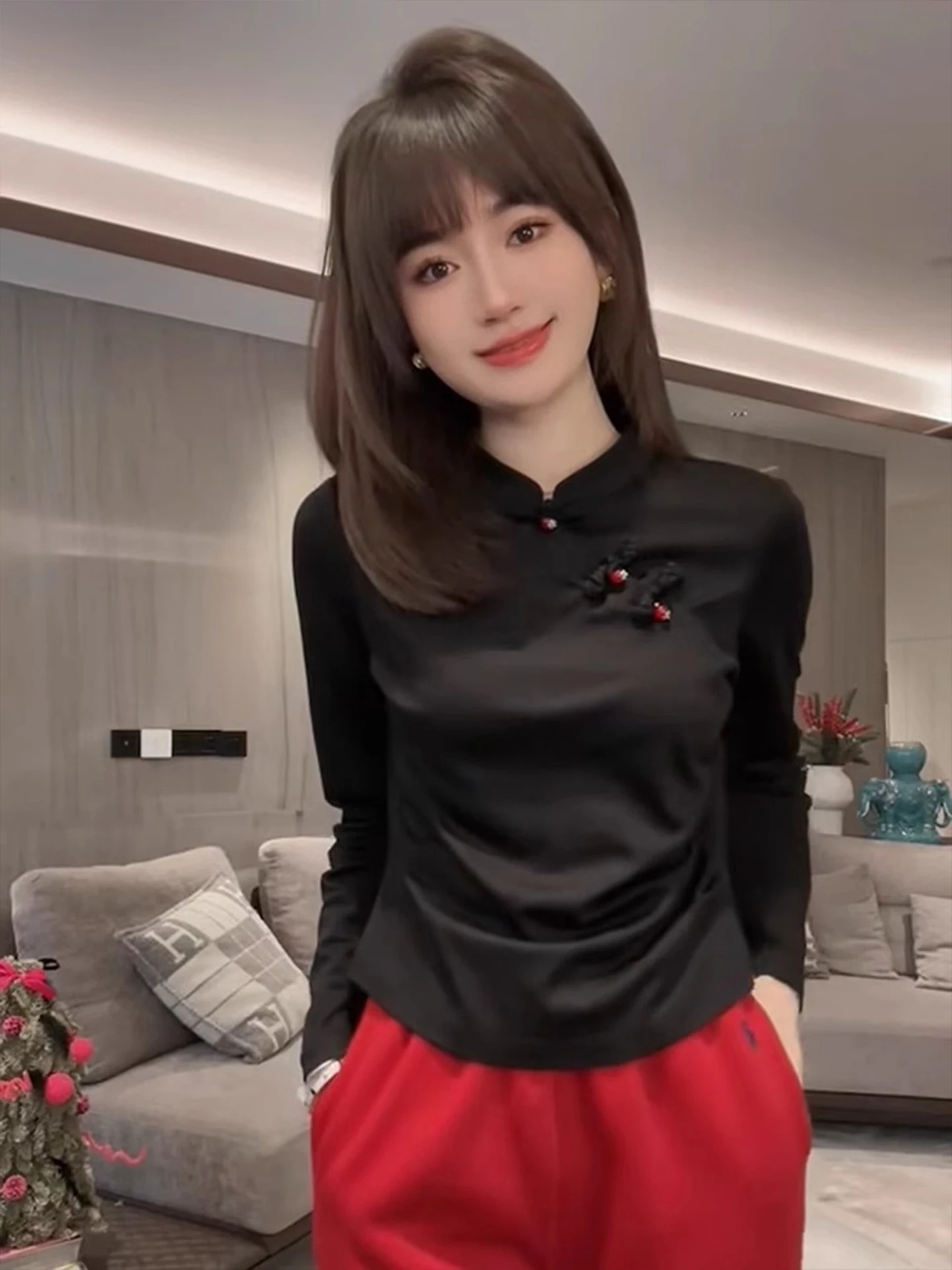 

Ele Chinese Sle Women's Long Sve irt Button up Ne Design Straight Cut Commute Sle Knitted Top for Autumn