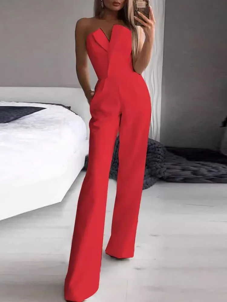 2025 Women's Elegant Jumpsuits Solid Off Shoulder Sexy Club Jumpsuit Female Sleeveless High Waist Slim Wide Leg Jumpsuit Pants