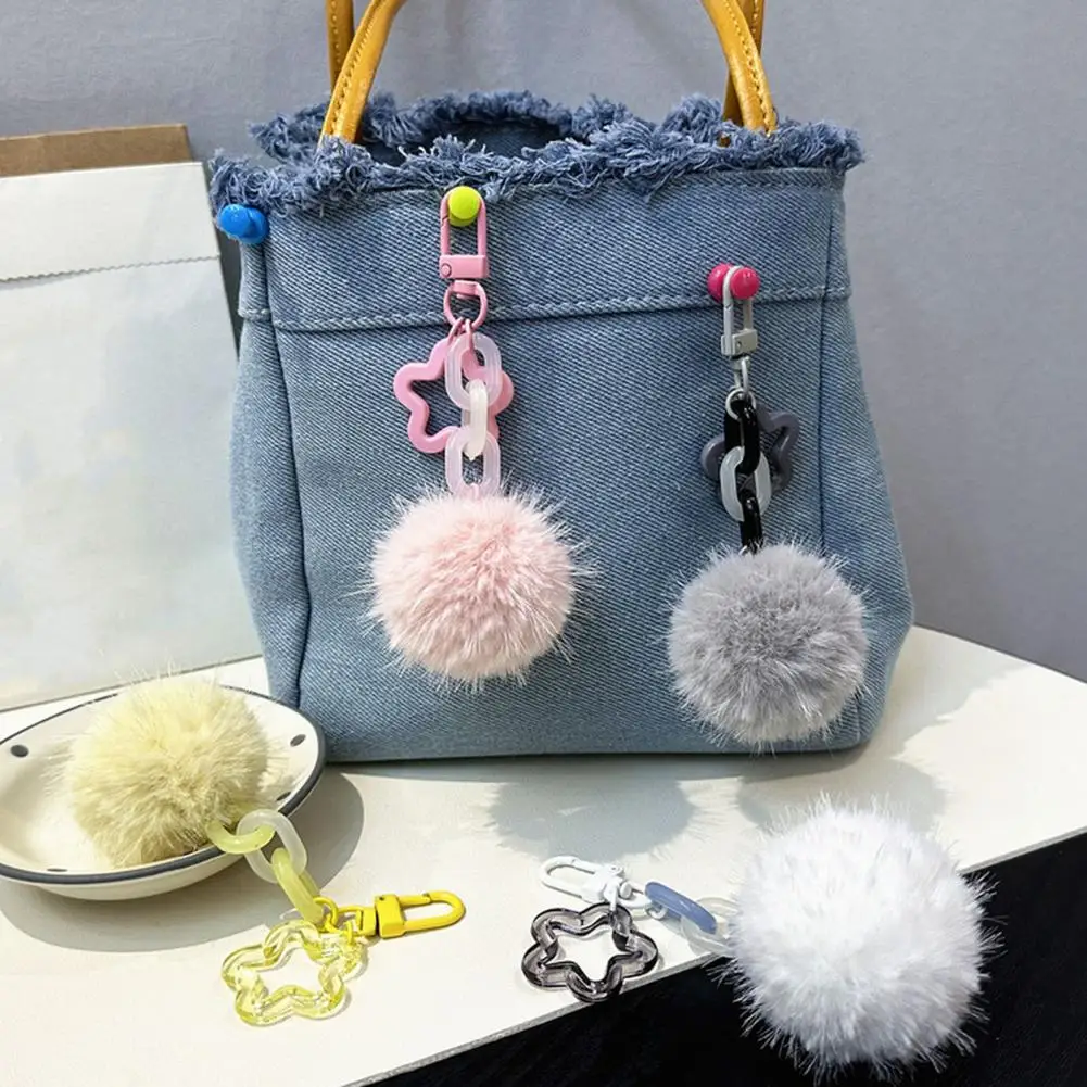 Multi Purpose Hanging Accessory Plush Ball Keychain with Fluffy Pompom Hollow Star Pendant Backpack Purse Decorative for Women