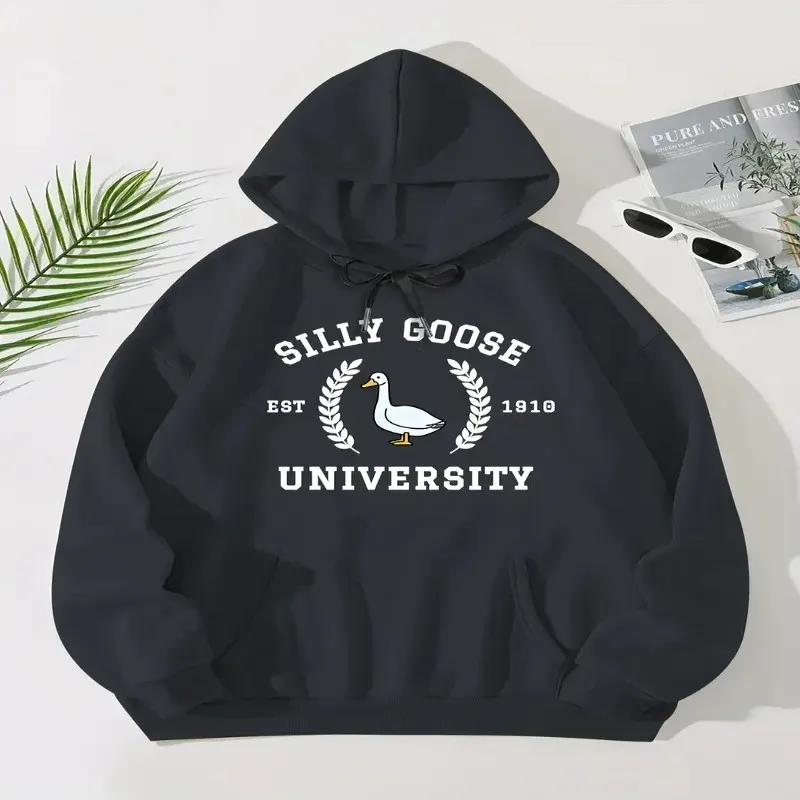 Autumn Winter Plus Size Women Sweatshirt Clothes Female Oversize Goose Cartoon Animal Design White Text Fashionable Long Sleeve