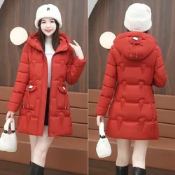 2024Winter Long Down Coat Women Parkas New Korean Warm Cotton Padded Coat Western Style Outerwear Fashion Hooded Overcoat Female