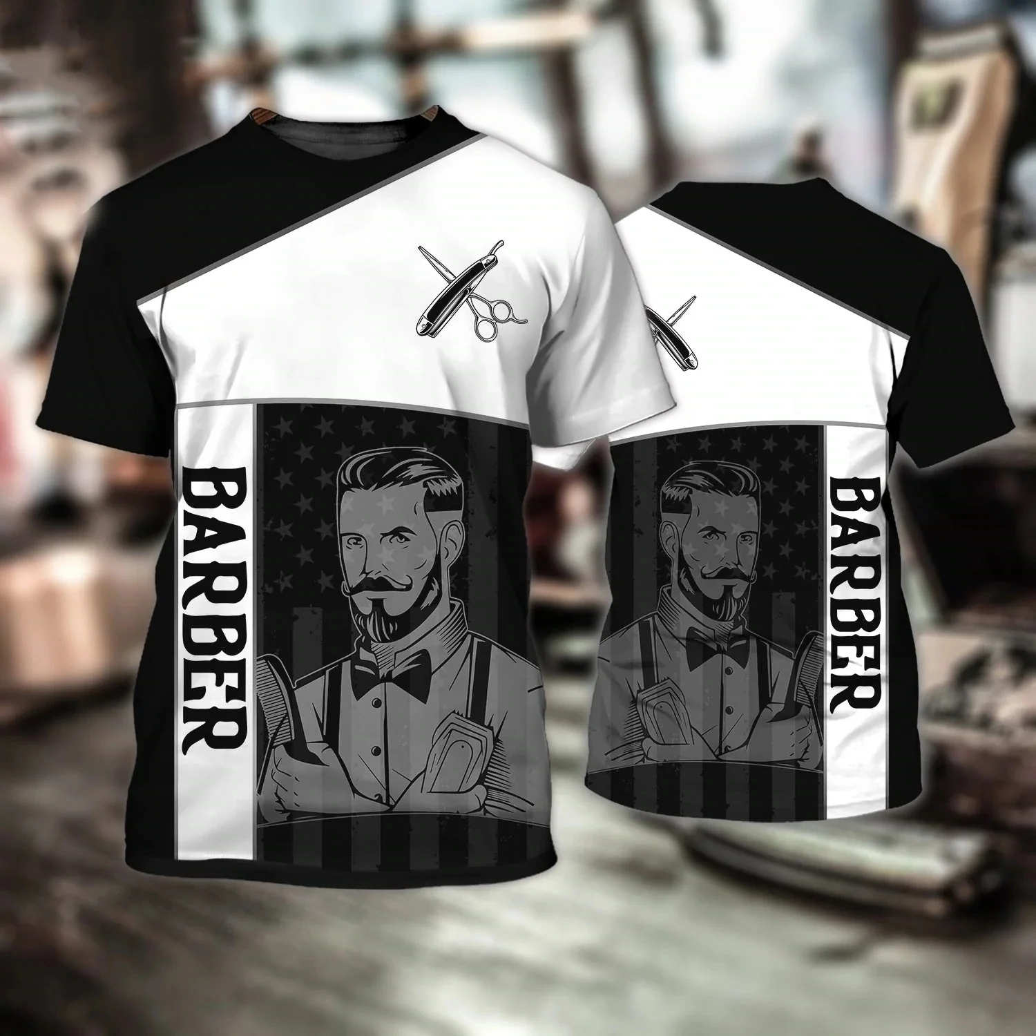 Barber Theme Short-sleeve T-shirt Retro American Pattern Unisex Casual Top for Daily Wear & Barber Shop Staff