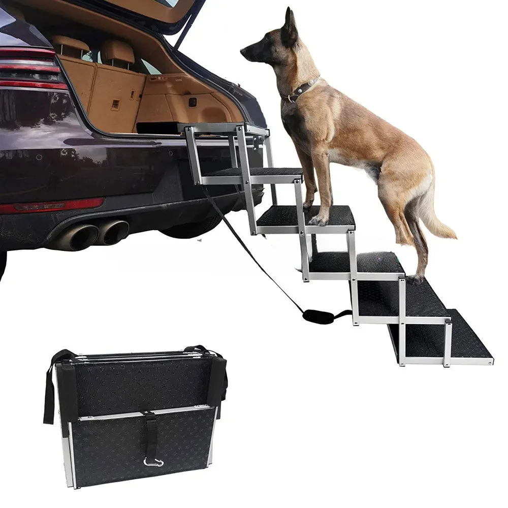 

5/6 Steps Dog Ramp Pet Step Stairs with Nonslip Surface Aluminum Fram Cat Dog Ladder for Beds Trucks Cars SUV Support 200 Lbs