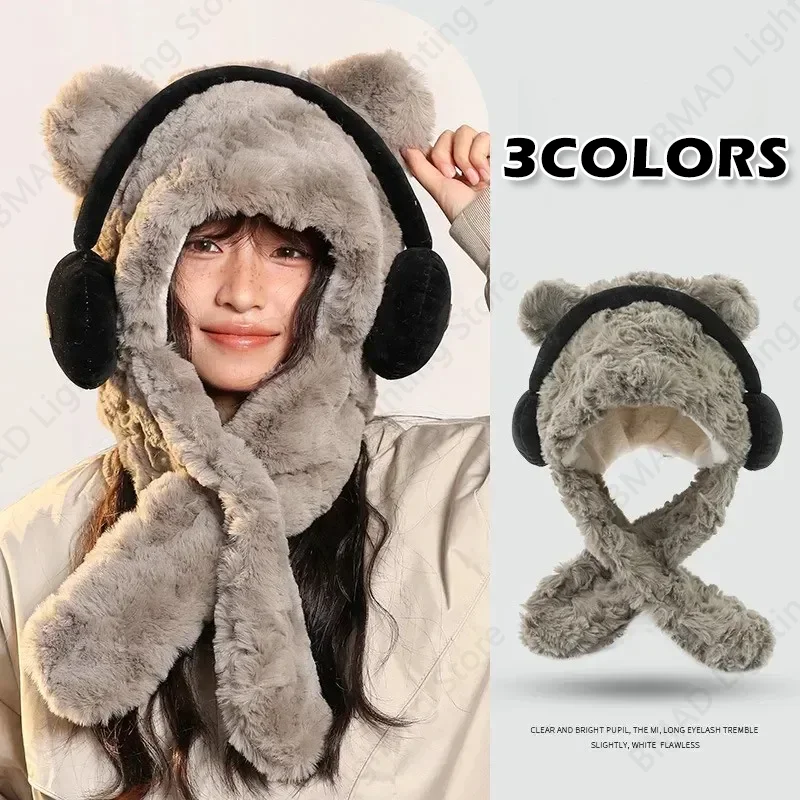 

2025 Winter Warm Scarf Hat 2 in 1 Set Bear Ear With Headphone Hooded Cap Plush Fleece Scarf Gloves Windproof Outdoor