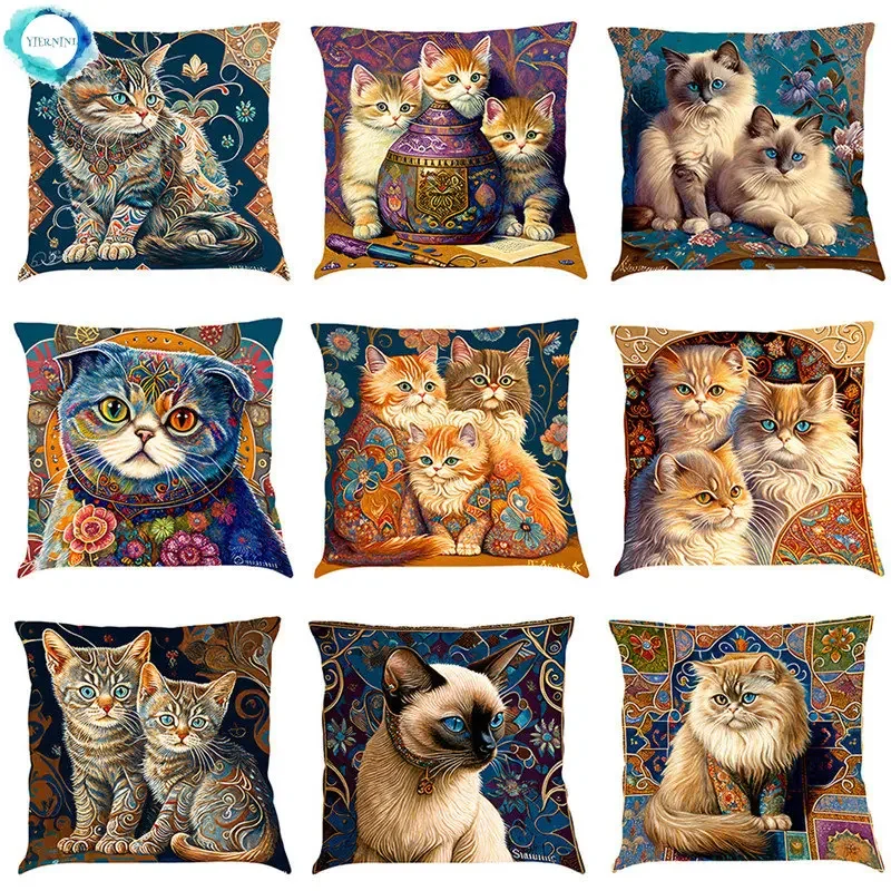 

Classic Oil Painting Cat Design Linen Pillowcase 45x45cm Living Room Sofa Cushion Covers Home Decoration Car Waist Pillow