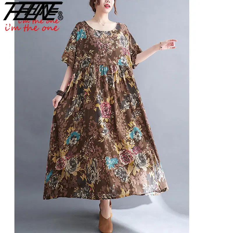 Oversized Flower Dress Woman Summer Casual Plse Size Loose Korea Fashion Linen Cotton Long Vintage Floral Womens  Ladies Dresses