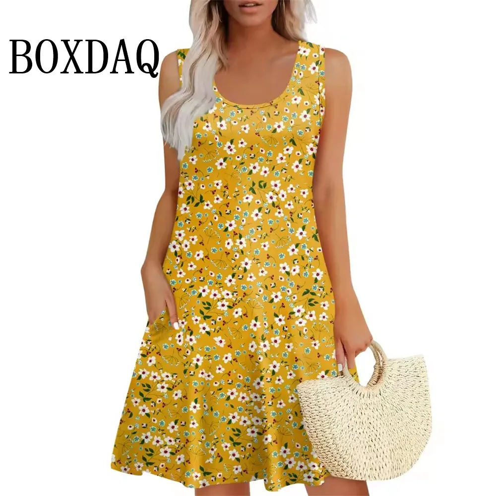 2025 New Womens Dresses Casual Summer Tank Boho Beach Short Dresses Vintage Flower 3D Printing Sleeveless Dresses Loose Sundress