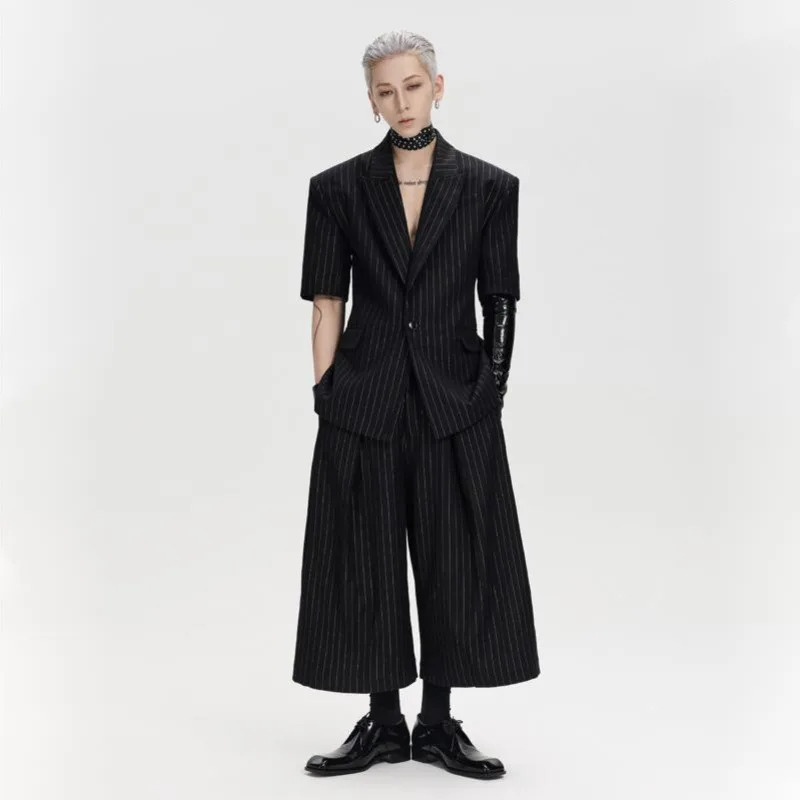 WVGA Spring Summer New Men High-End Silver Striped Padded Shoulder Loose ShortSleeved Blazer Niche Chic Cropped Pants Set W26472