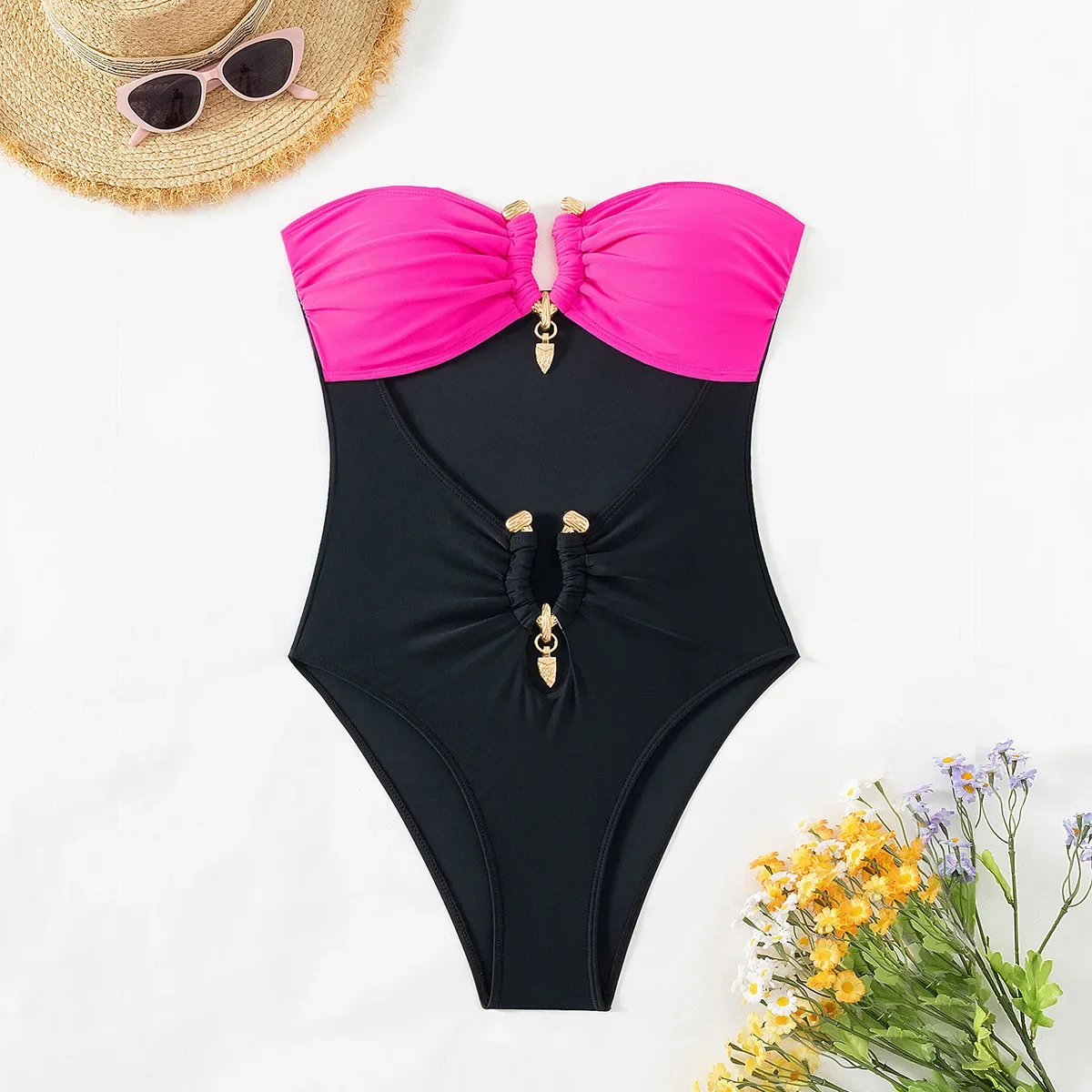 Traje de baño sexy de metal de una pieza negro rosa rojo patchwork hueco Bikinis traje de baño trajes de baño trajes de playa mono biquini tankini
