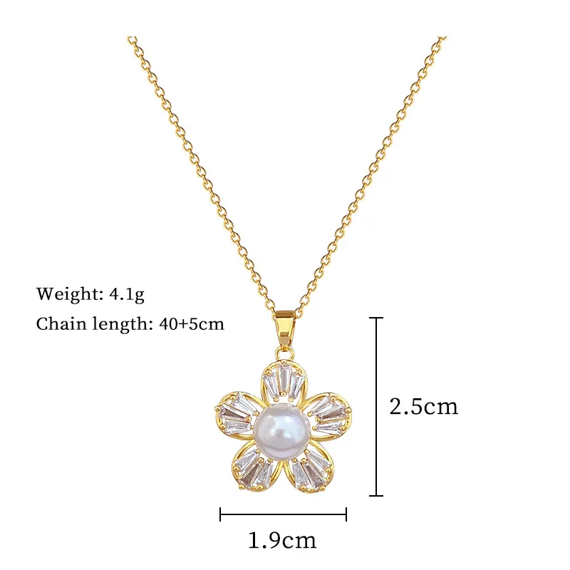 XIYANIKE 316l Stainless Steell Necklace Earring Set  Exquisite Luxury Pearl Crystal 5-Leaf Flower Clavicle Chain Ear Studs Group