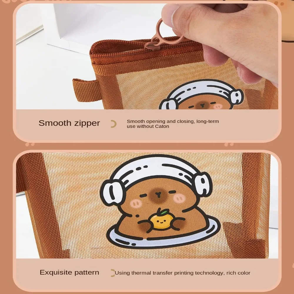 3pcs Cartoon Capybara Mesh Coin Purse Multifunctional Korean Style Key Case Transparent Zipper Lipstick Card Holder Travel