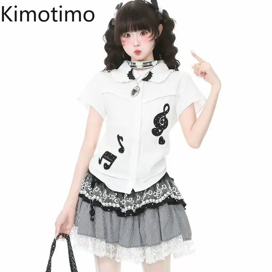 Kimotimo Summer Musical Note Embroidery Shirt Women Japanese Lolita Lapel Slim Ruffle Short Sleeve Tops Sweet Sheer Y2k Blouse