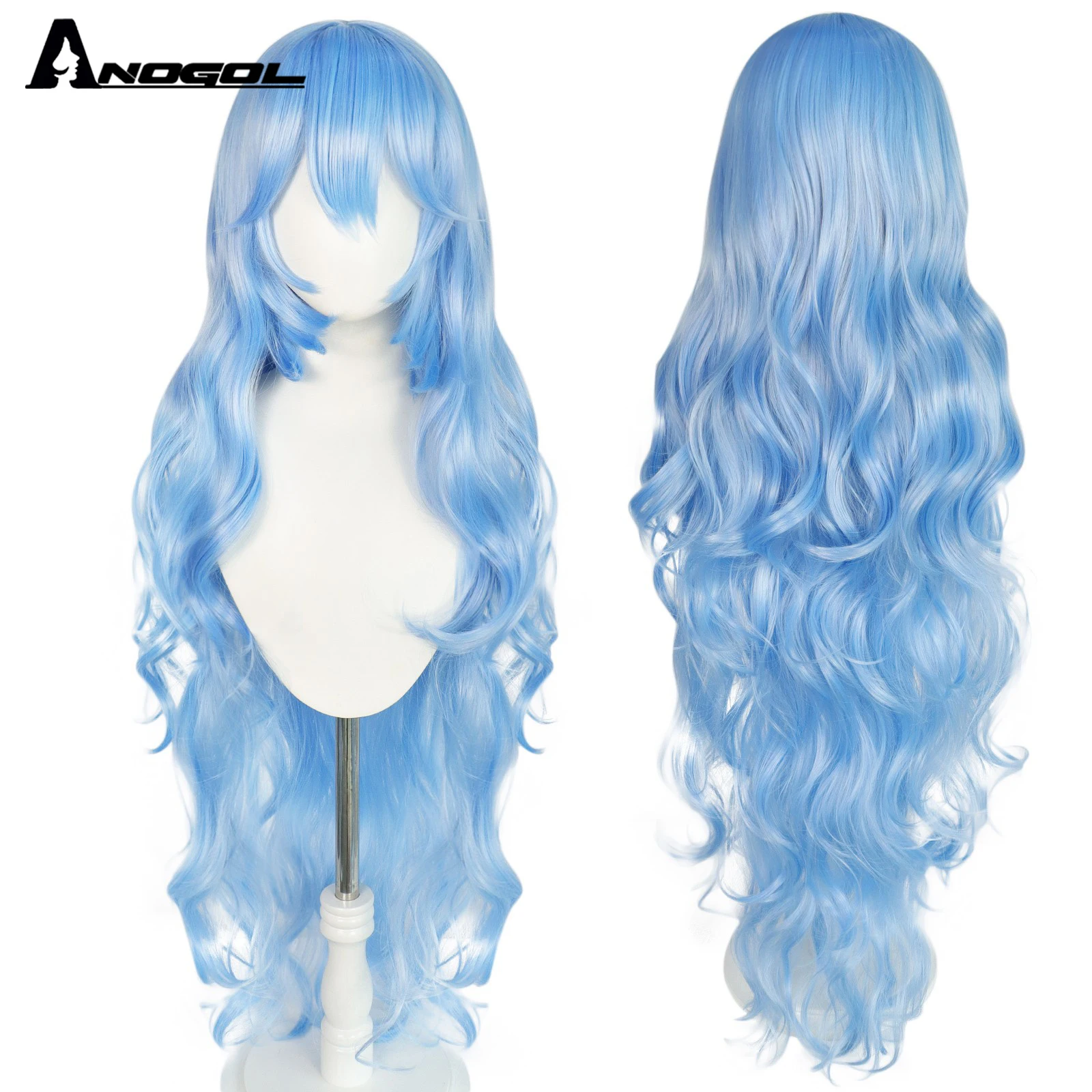 ANOGOL Synthetic EVA Ayanami Rei Cosplay Wigs Long Sky Bkue Wavy Wig with White Props Headwear Haripins For Role Play Halloween