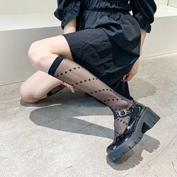 JK Sexy Black Polka Dot Print Long Socks Ultra-thin Mesh Fishnet High Knee Socks Women Summer Thin Transparent Lolita Stockings