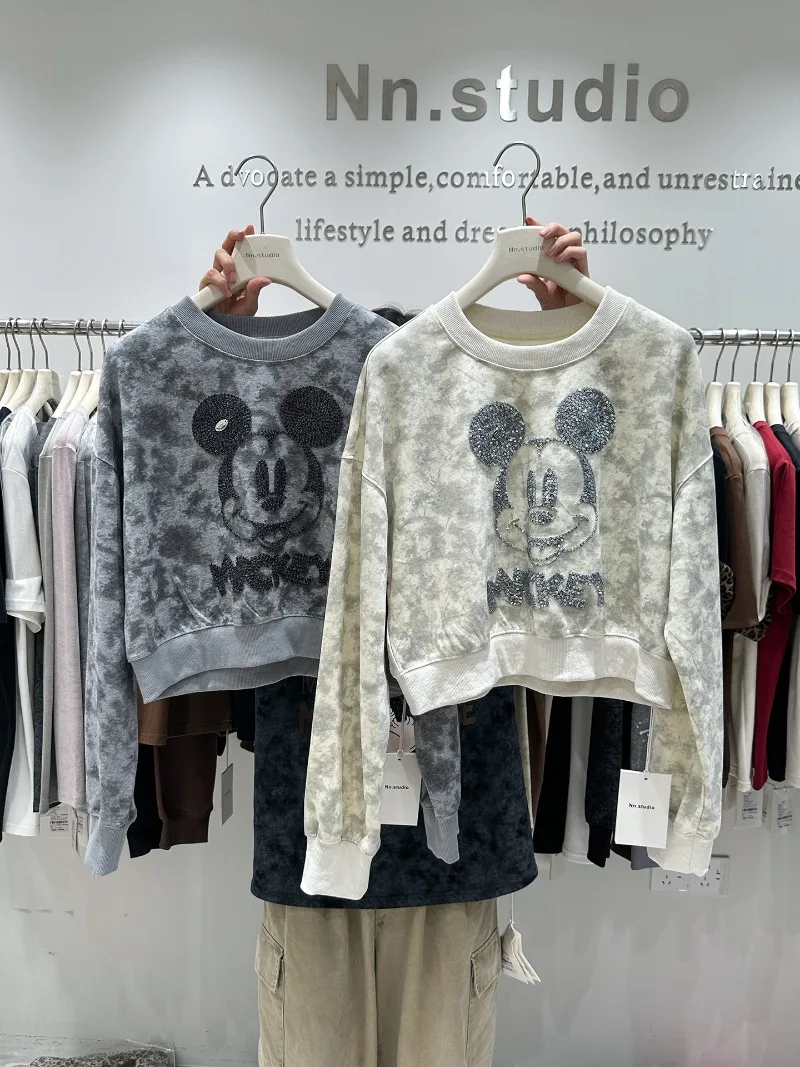 Heavy Industry Tie-Dye Embroidery Cartoon O-Neck Short Sweatshirt Women's Autumn Loose Age-Reducing High-Waist Design Hoodies