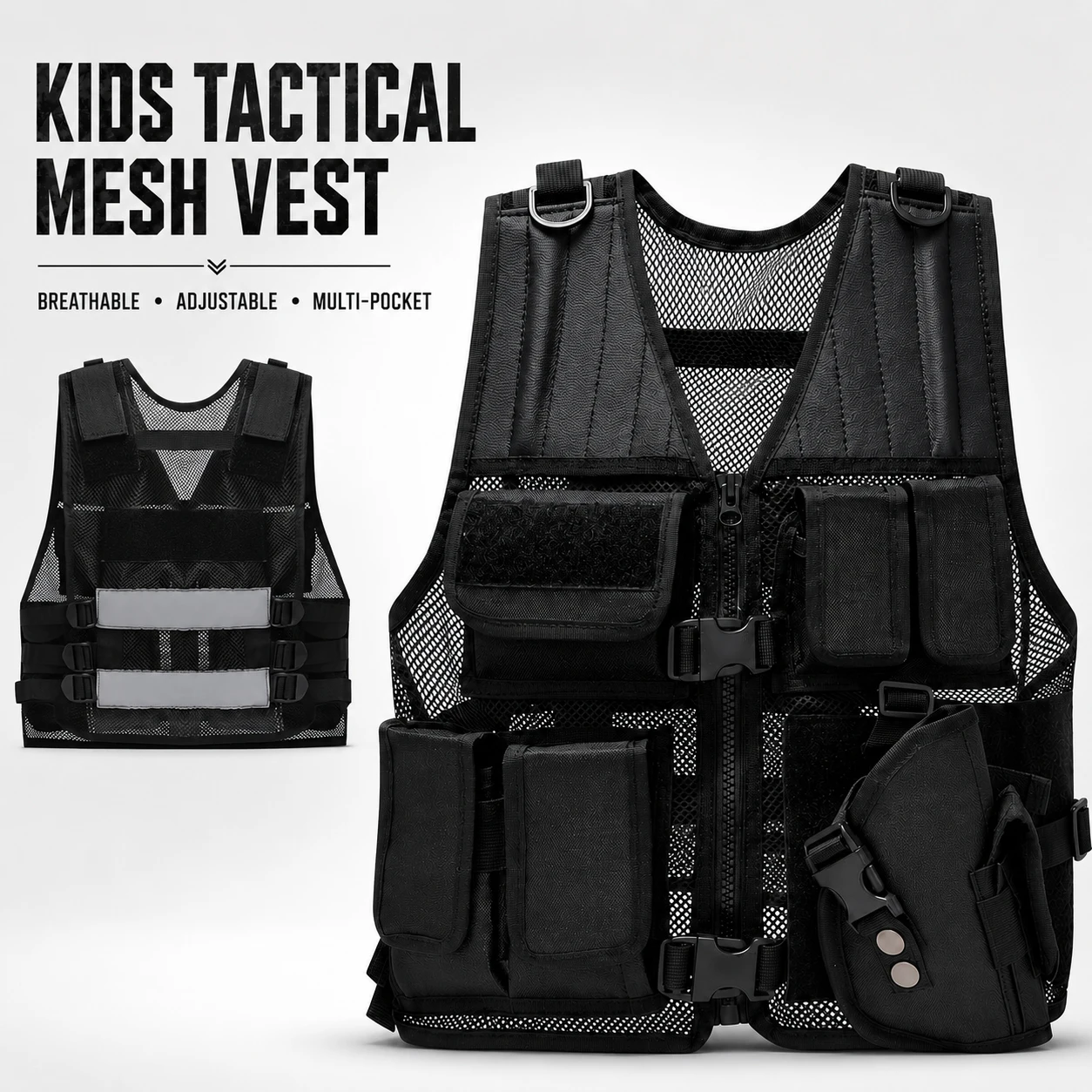 Kids Tactical Vest Children Mesh Molle Combat Vest Adjustable Outdoor CS Game Training Gear Multi-Pocket Cosplay Vest