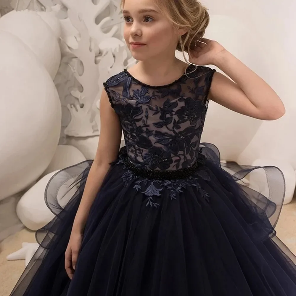 Vestidos de flores de Boda sin espalda para niña, Apliques de encaje de cumpleaños, vestidos de baile de fiesta para niña pequeña, vestido personalizado de primera comunión