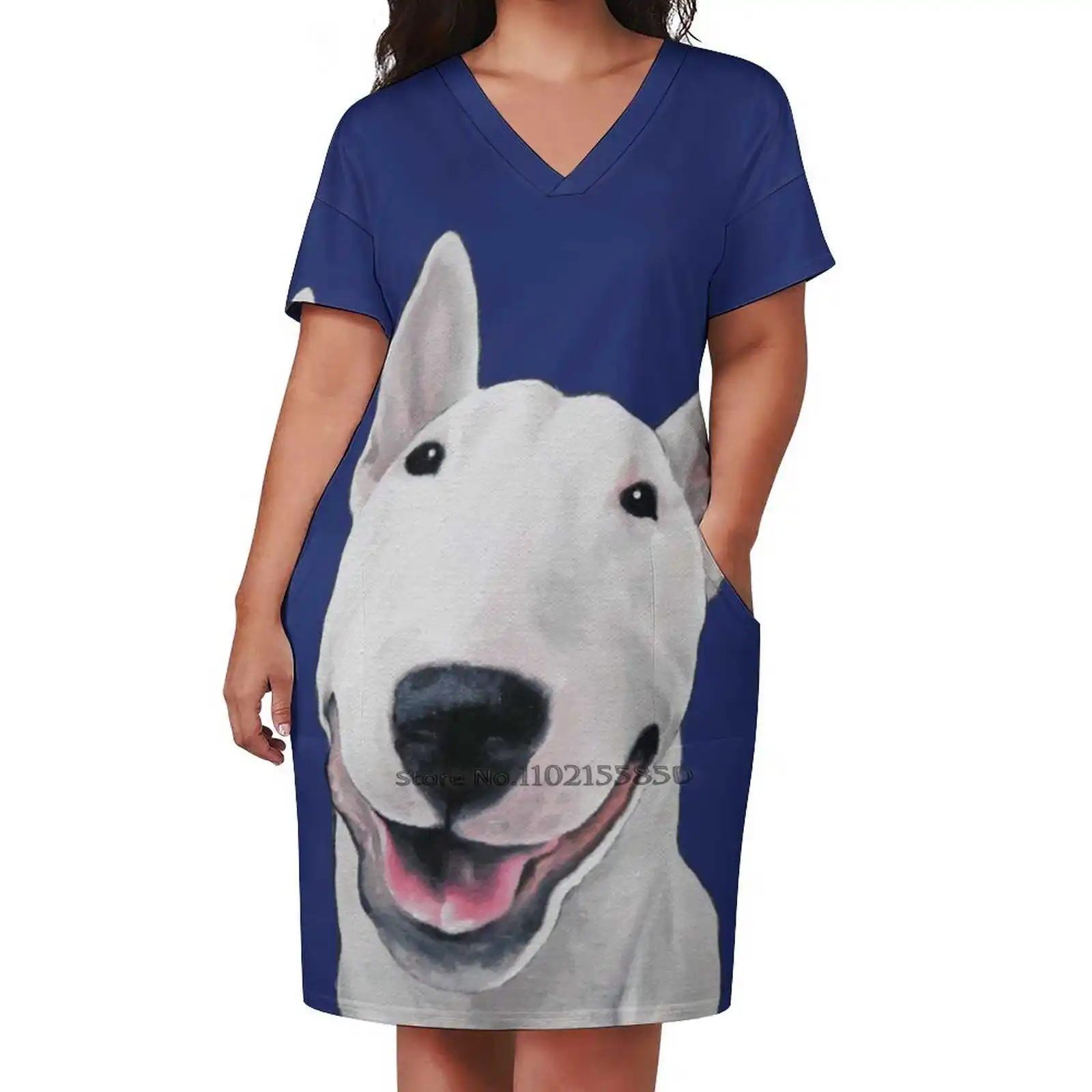 Bull Terrier Unconditional Loose Pocket Dress Fashion Print Dress Short Sleeve V-Neck A-Line Dress Bull Terrier Noewi