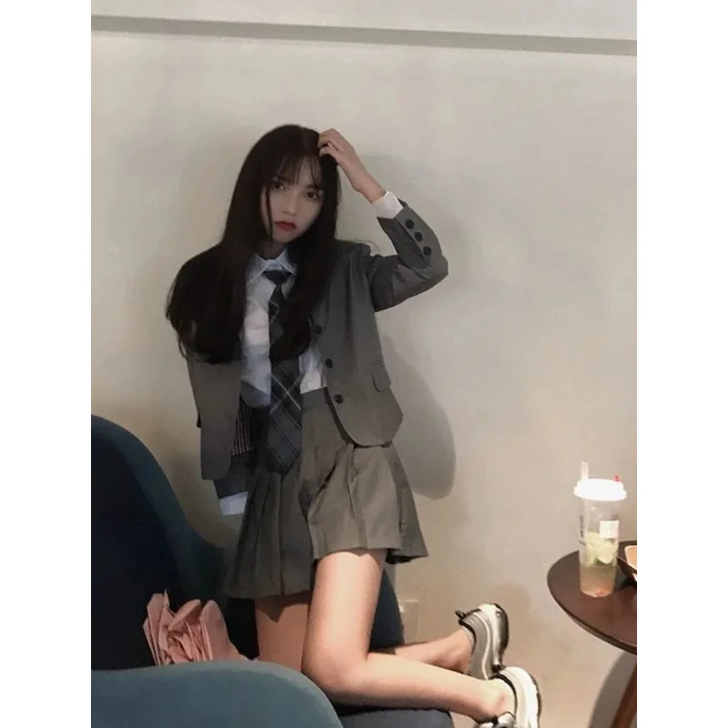 Xgoth Girl JK Suit 3pcs Set for Women Korea Chic vintage Preppy Tie Shirt   Gray Blazer   Pleated Short Skirt High School Girl