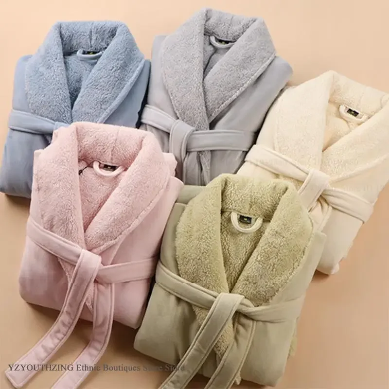 Autumn Winter Couple Long Robe Home Clothing Thicken Flannel Bathrobe Kimono Gown Loungewear Loose Coral Fleece Sleepwear PAJAMA